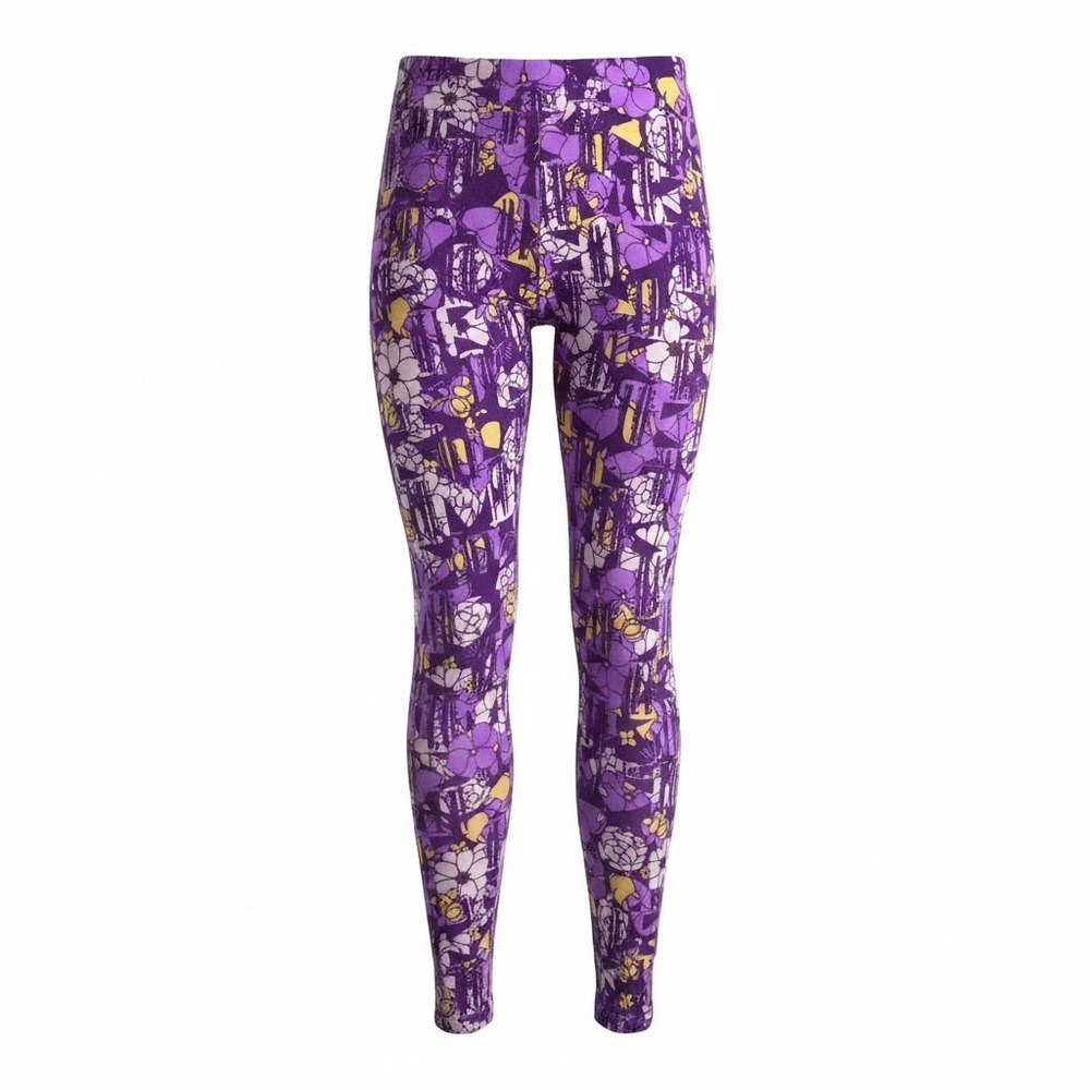 LuLaRoe Women Purple Yellow Floral Abstract Print Leggings One Size OS Skinny